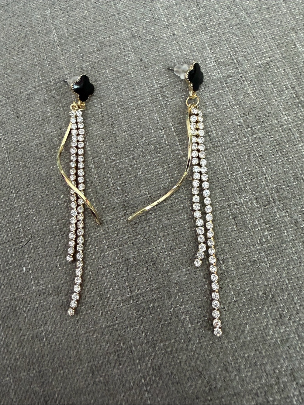 Black Quatrefoil Rhinestone Tassel Drop Earrings Gold Tone